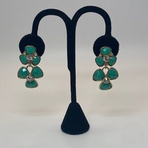 Jonette Jewelry Gallery Green and Gold Flower Clip On Earrings with Rhinestones